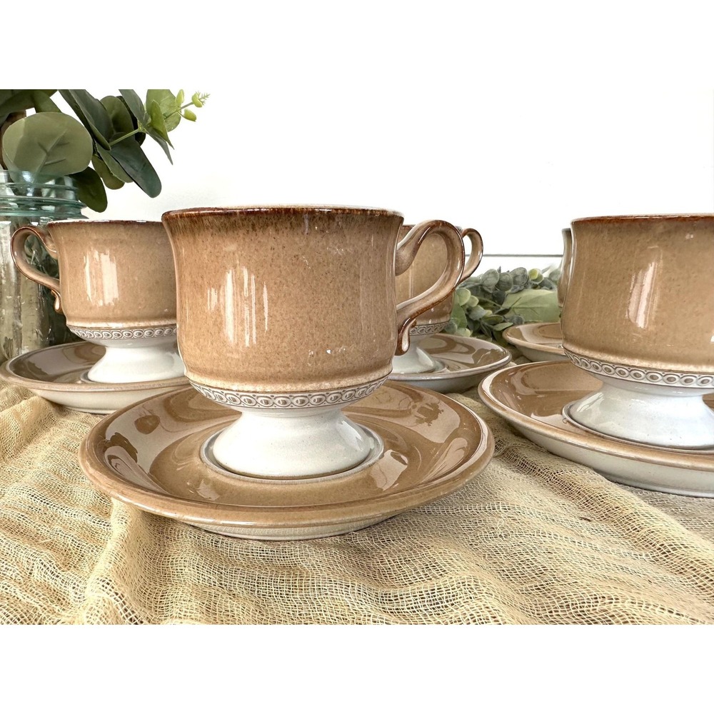 Seven 1980's Seville Denby Langley cup saucer tan cream‎ England Stoneware VTG